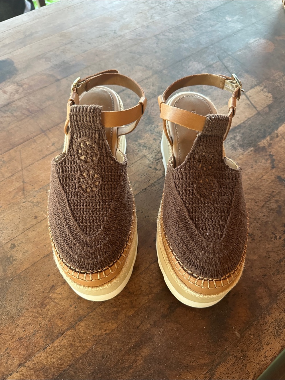 Free People Brown Crochet Platform Slingback Espadrille